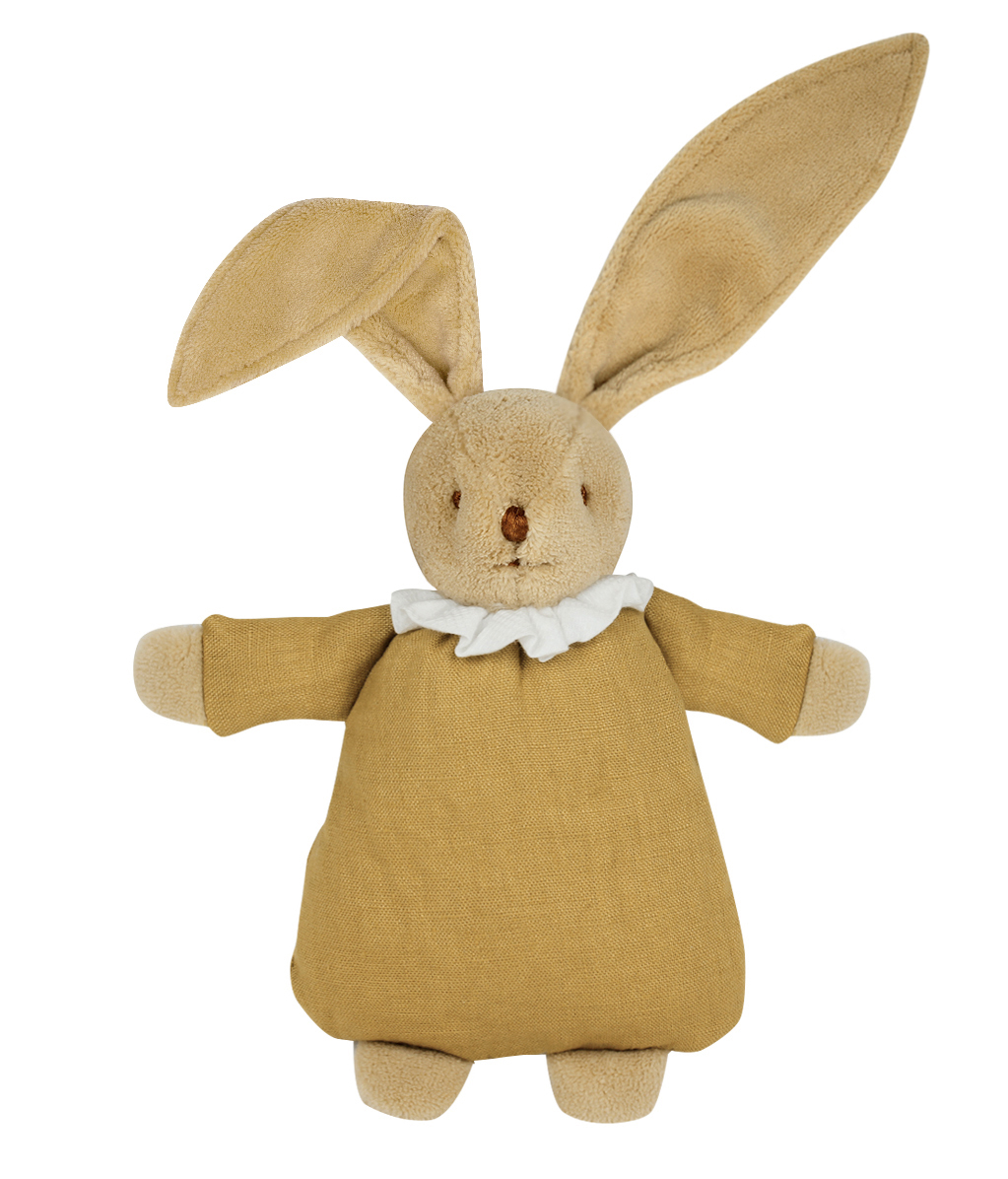 Lapin nid d'ange doudou hochet Lin Moutarde 20 cm